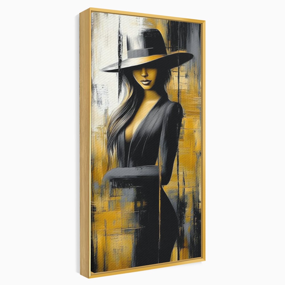Tablou canvas cu tablou canvas cu silueta feminina si palarie, in rama de aluminiu auriu